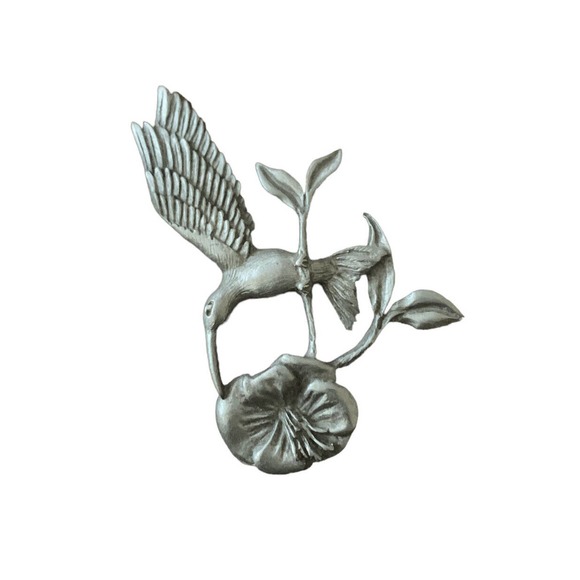 Vintage Hummingbird Brooch Pewter Flower Pin Signed Spoon 3825 Figural Bird 3” - Picture 2 of 10